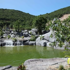 forested, Mountains, lake, rocks, waterfall