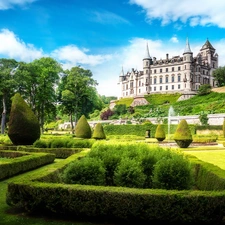 Castle, Flower-beds, fountain, Park