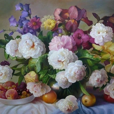 picture, Zbigniew Kopania, Peonies, Fruits, Bouquet of Flowers
