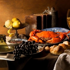 Fruits, Roll, Wine, crab, dinner