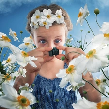 Camera, Funny, Flowers, Anemones, girl