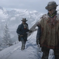 men, Mountains, Red Dead Redemption 2, winter, game