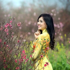 Garden, happy, Bush, Spring, flourishing, Japanese girl
