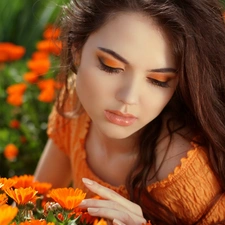 Garden, Flowers, girl, make-up, Beauty