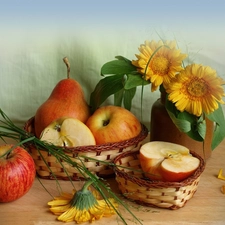 apples, Yellow, gerberas, truck concrete mixer