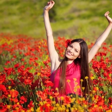 Meadow, smiling, girl, papavers