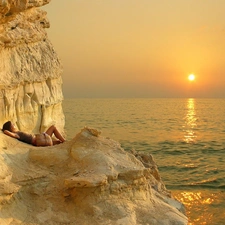 girl, sea, rocks