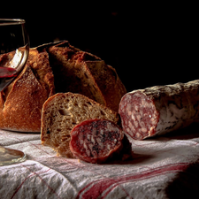 glass, Wine, bread, sausage, composition