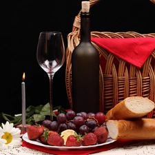 basket, Fruits, glasses, Wine