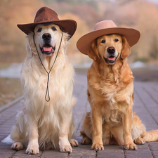 Hat, Pavement, Dogs, Golden Retriever, Two cars