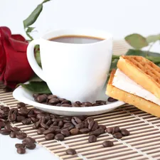 cup, roses, grains, coffee, coffee, waffles