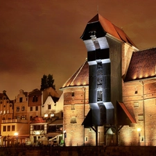 granary, apartment house, Gdańsk, Poland, Town, Floodlit