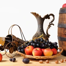 Grapes, apples, Bottle, Wines, barrel