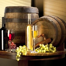 barrels, Wine, Grapes, Bottles