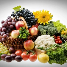 Flowers, Fruits, Grapes, plums, apples, vegetables