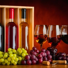 Bottles, Grapes, Three, glasses, Wine