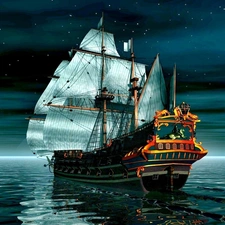sailing vessel, Night, graphics, sea