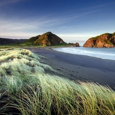 Mountains, coast, grass, sea