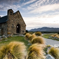 grass, Church, River