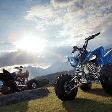 grass, Sky, Quady, boulders, Two cars