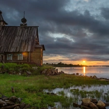 lake, wooden, west, Church, Ukraine, grass, sun