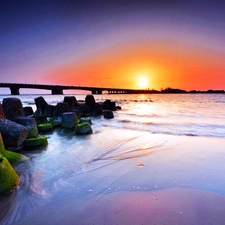 bridge, Stones, Great Sunsets, sea