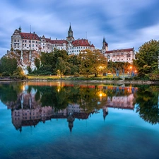 viewes, River Danube, Baden-Württemberg, trees, Sigmaringen Castle, Great Sunsets, Germany