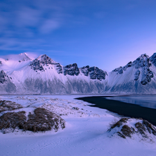 snow, Mountains, snowy, Great Sunsets, Stokksnes Beach, winter, Vestrahorn mountain, iceland, sea, Stones