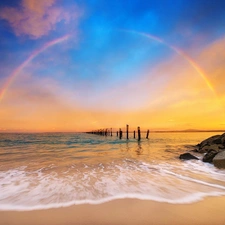 Great Rainbows, west, Pale, Stones, sea, sun