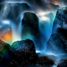 rocks, waterfall, Great Rainbows, Stones