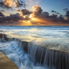 sea, clouds, Great Sunsets, Waves