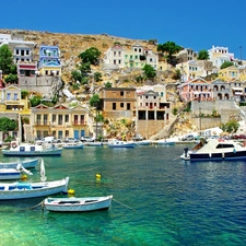 sea, Houses, Greece, boats
