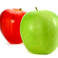 Two cars, Red, green ones, apples