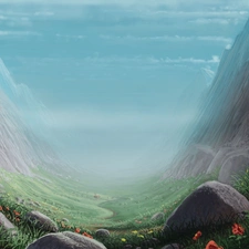 green, Fog, rocks, Flowers, Mountains
