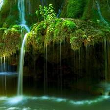 waterfall, Stones, green, Moss