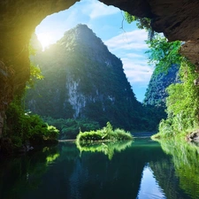 green, Wietnam, River, rocks, cave