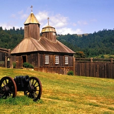 church, forest, gun, Mountains