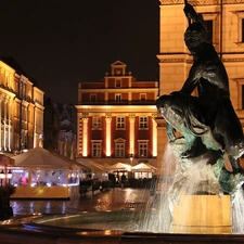 town hall, Night, Poznań, fountain, old town