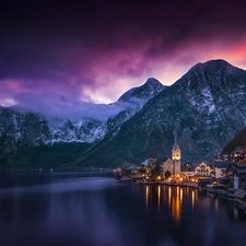 Hallstättersee Lake, Austria, Mountains, Church, Houses, Hallstatt