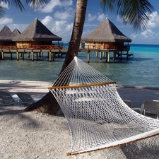 Hammock, trees, water, Sand, Houses