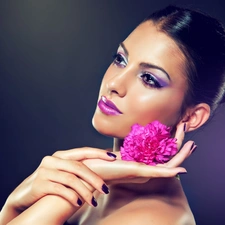 Women, Colourfull Flowers, hand, make-up