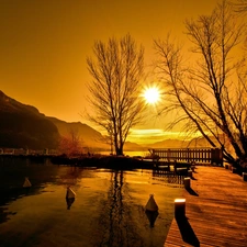 lake, sun, trees, pier, west, Harbour, viewes