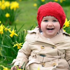 Hat, Daffodils, girl, red hot, Kid