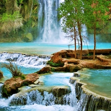 rocks, trees, Havasu, Arizona, waterfall, viewes