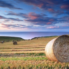 Field, sheaves, hay, clouds