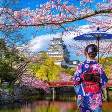 Women, Himeji Castle, Spring, umbrella, trees, Japan, Himeji Village, River, White Heron Castle, viewes, flourishing