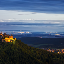 Hohenzollern Castle, Town, Germany, Sunrise, Baden-W?rttemberg, Floodlit, Hohenzollern Mountain, Hill