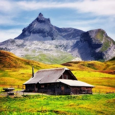 Mountains, Meadow, Home, clouds