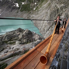 pendant, lake, instrument, bridge, Mountains, men, Alpine Horn