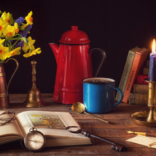 jug, Glasses, bell, hourglass, photography, Watch, Jonquil, Key, candle, composition, Cup, envelope, Book